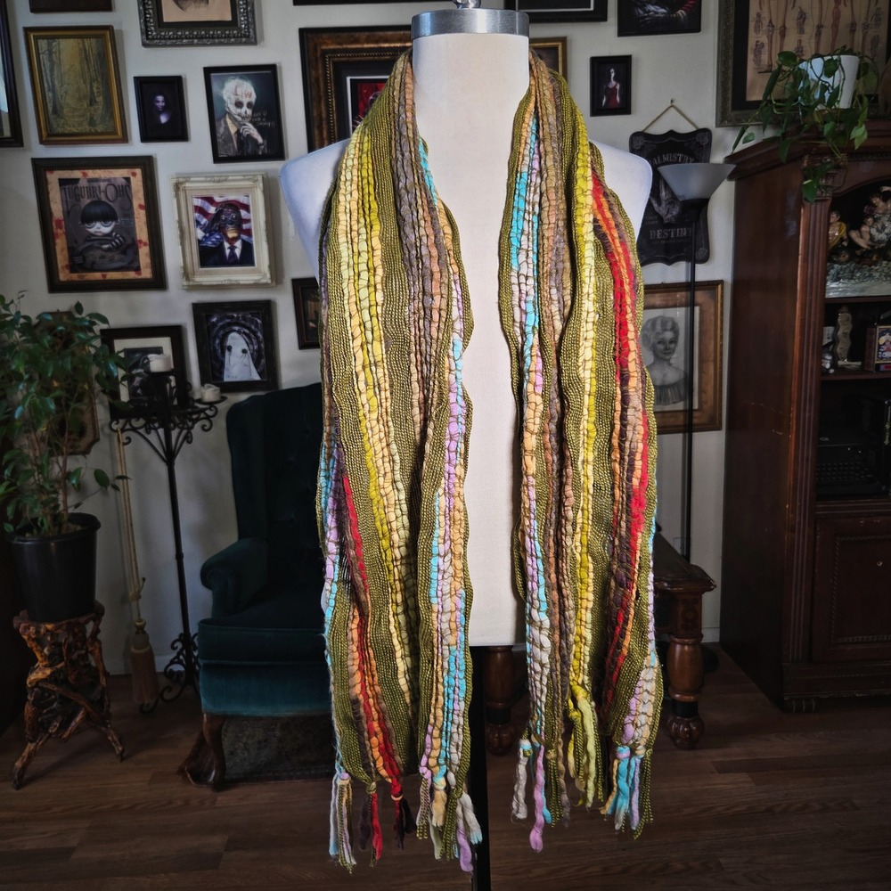 G Scarf Handloomed Olive Green Multicolor Textured Knit‎ Fringe Boho Winter Wrap